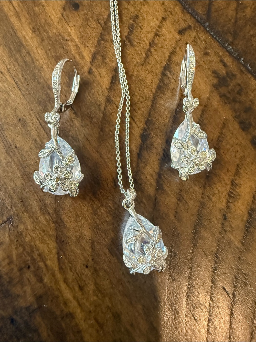 Diamonique Sterling Silver Crystal Floral Drop Earrings & Pendant Necklace Set